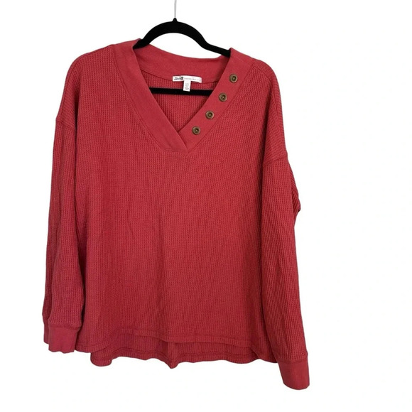 Seven7 Women’s Long Sleeve Waffle Knit Hi/Lo V-Neck Rust/Red Top Size L GUC - Picture 1 of 8
